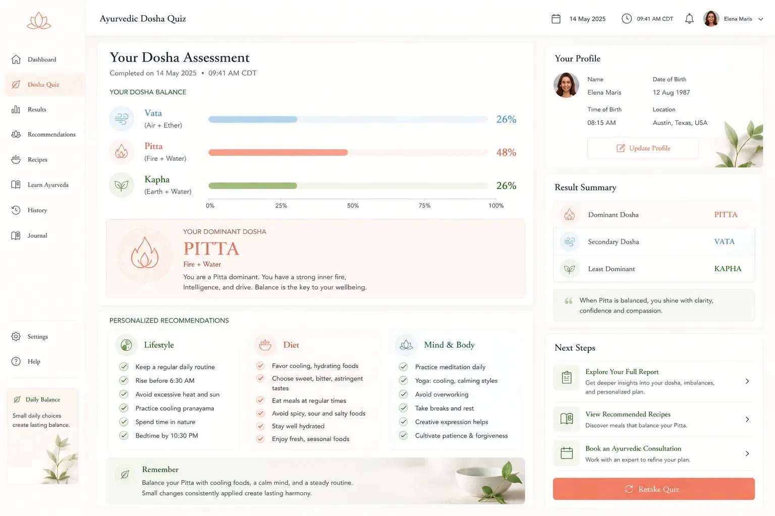 Ayurveda Dosha Profile Widget