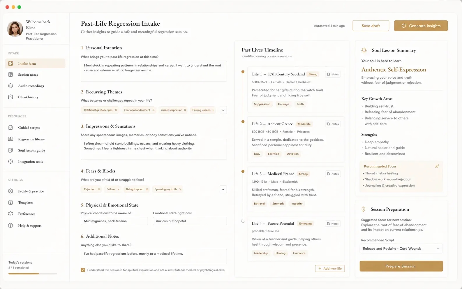 Session Intake & Prep Widget